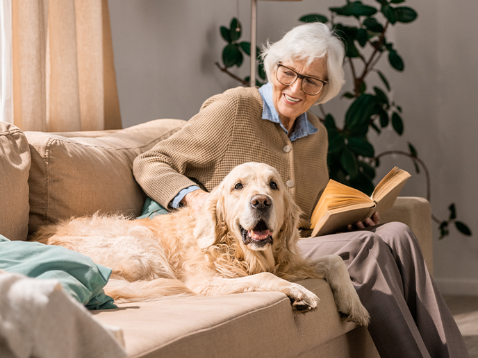 grandmother reading on couch with dog safe place for retirement money california